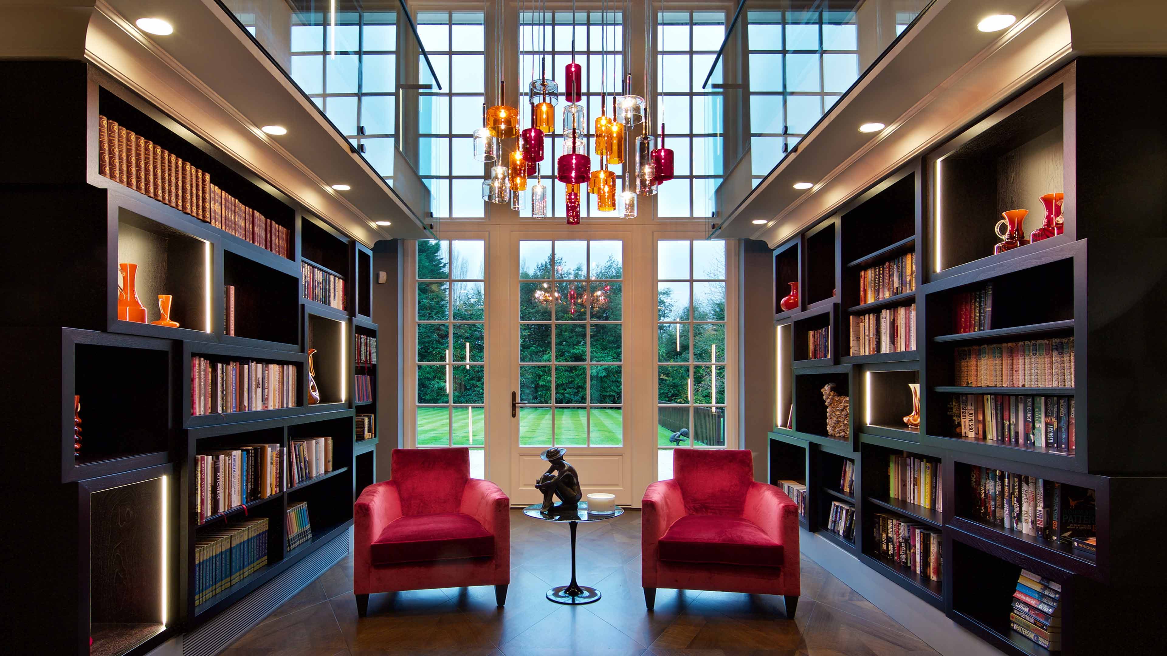 Residential Lighting Design Grand Atrium Space Bookshelves Pendant Windows Consultants Studio N