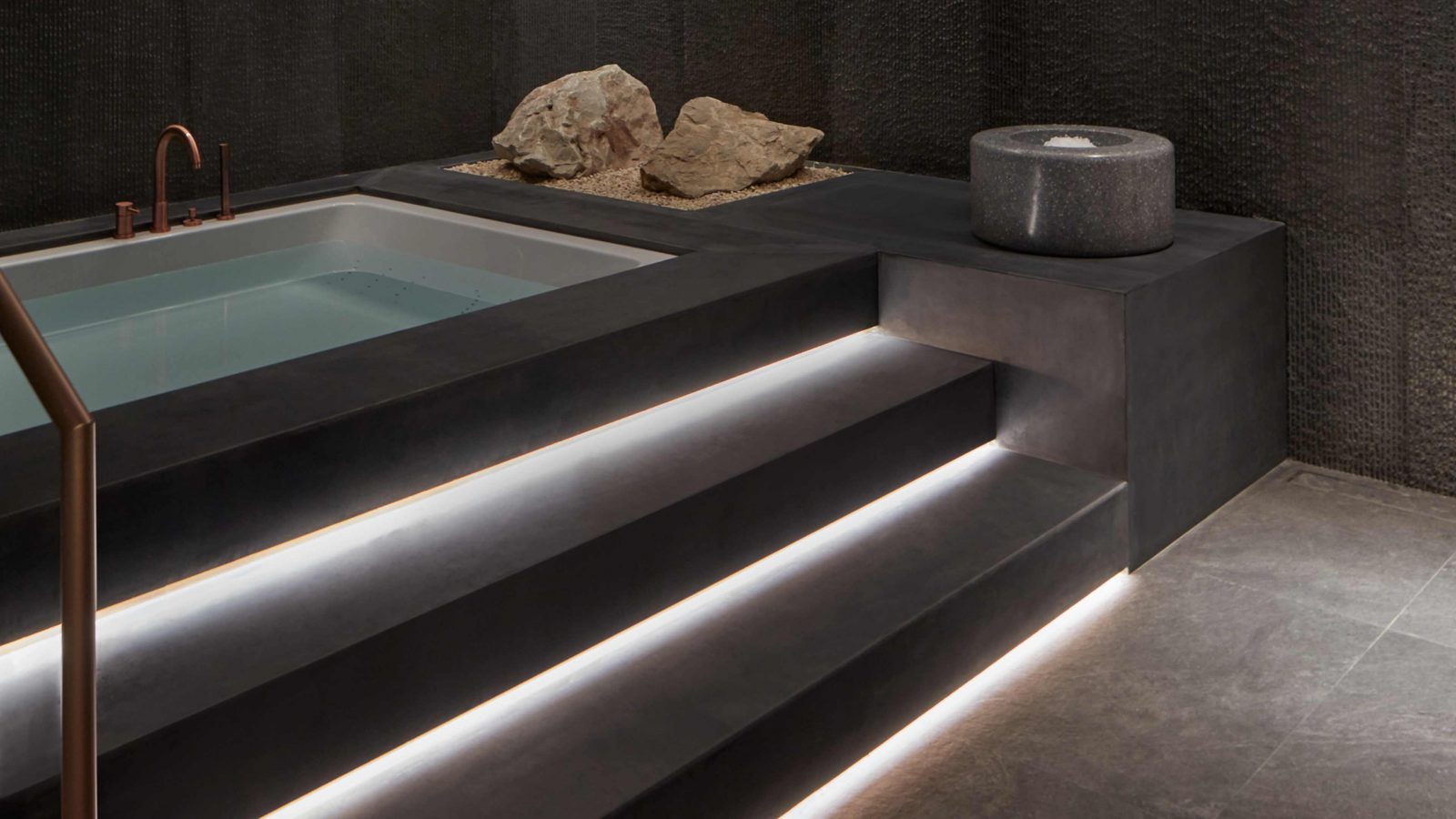 Spa Lighting Design Illuminated Steps Private Pool Stylish Grey Interior Palette Dubai Consultants Studio N