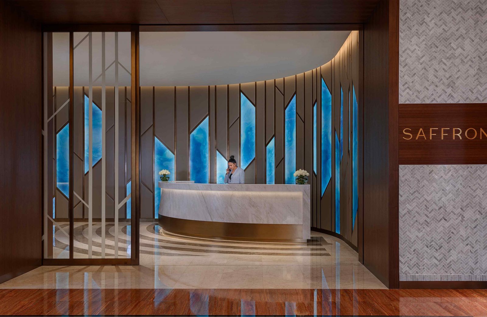 Architectural Lighting Design Restaurant Reception Desk Bold Blue Feature Backdrop Saffron Buffet Atlantis Dubai Studio N