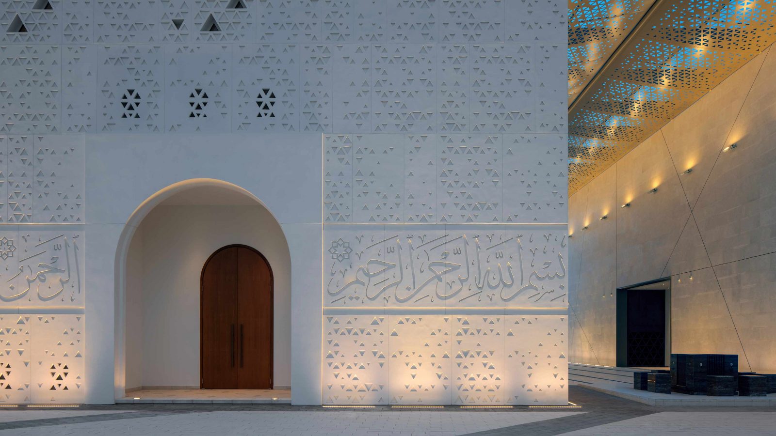 Lighting Design Solution Contemporary Mosque Exterior White Stone Facade Geometric Shapes Calligraphy Consultants Studio N